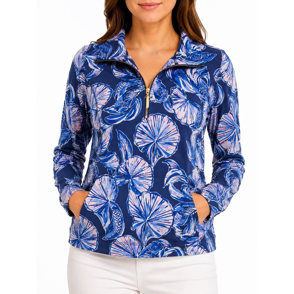 Lilly Pulitzer Womens Skipper Popover Navy Blue Floral Print Top XS